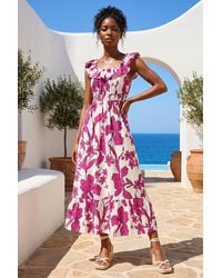 Roman - Floral Print Frill Shirred Midi Dress - Lyst
