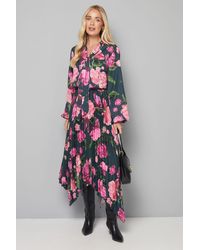 Wallis - Petite Floral Tie Neck Pleated Midi Dress - Lyst