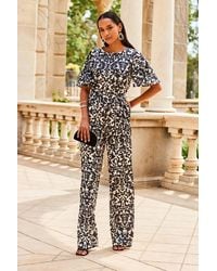 Sosandar - Mono Print Satin Angel Sleeve Wide Leg Jumpsuit - Lyst