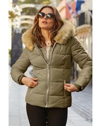 Sosandar - Khaki Faux Fur Trim Luxe Padded Coat With Zip Pockets - Lyst