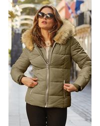 Sosandar - Khaki Faux Fur Trim Luxe Padded Coat With Zip Pockets - Lyst