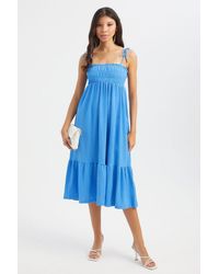Hiccup - Square Neck Tie Strap Smocked Midi Dress With A Tiered - Lyst