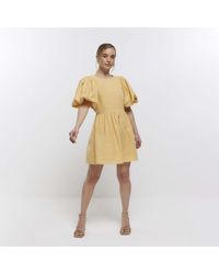 River Island - T-shirt Mini Dress Petite Yellow Puff Sleeve Cotton - Lyst