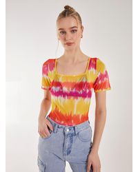 Pink Vanilla - Tie Dye Mesh Square Neck Bodysuit - Lyst