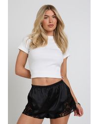 Boohoo - Satin Lace Trim Runner Short - Lyst