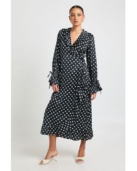 Boohoo - Polka Dot Print Ruffle Wrap Midi Dress - Lyst