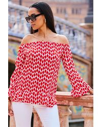 Sosandar - Geometric Print Bardot Ruffle Detail Top Viscose - Lyst