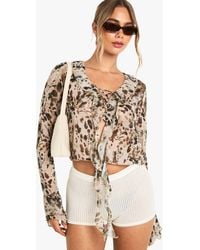 Boohoo - Chiffon Tie Front Ruffle Blouse - Lyst
