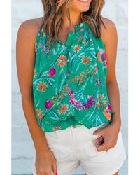 Azura Exchange - Bright Floral Print Buttoned Neckline Tank Top - Lyst