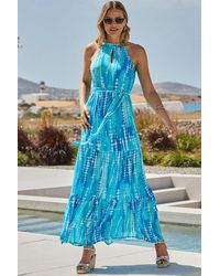 Sosandar - Azure Tie Dye Halter Neck Maxi Dress - Lyst