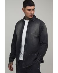 BoohooMAN - Tall Regular Fit Spray Washed Paint Splatter Denim Shirt - Lyst