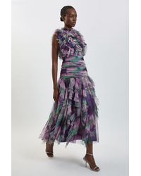 Karen Millen - Blurred Floral Frill Tulle Maxi Dress - Lyst