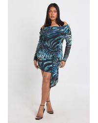 Boohoo - Plus Mixed Animal Bardot Tie Front Mini Dress - Lyst