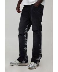 BoohooMAN - Floral Gusset Ripped Knee Slim Flared Jeans - Lyst
