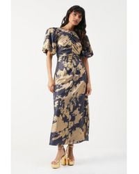 Warehouse - Metallic Satin Ruched Front Puff Sleeve Midi Dress - Lyst