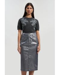 Karen Millen - Metallic Coated Denim Pencil Midi Skirt - Lyst
