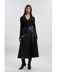 Karen Millen - Petite Figure Form Pu Mix Tab Detail Pleated Knit Midi Dress - Lyst