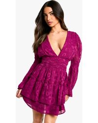 Boohoo - Petite Paisley Burnout Puff Sleeve Ruched Skater Dress - Lyst