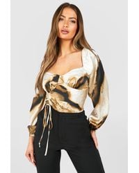 Boohoo - Abstract Printed Satin Ruched Volume Sleeve Top - Lyst