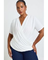 Boohoo - Plus Double Layer Slinky Super Cowl Neck Short Sleeve Ruched Top - Lyst