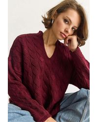 Bianco Lucci - Relaxed Fit V-Neck Textured Knit Sweater - Lyst
