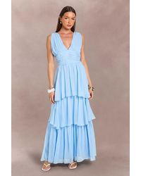 Boohoo - Chiffon Plunge Front Tiered Maxi Dress - Lyst