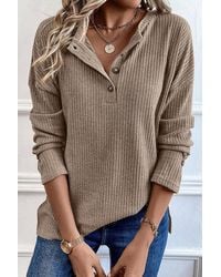 Everyday the Label - Pale Khaki Rib Textured Henley Knit Top - Lyst