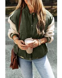 Azura Exchange - Mist Grün Corduroy Fleece Patchwork Button-Up Bomberjacke - Lyst