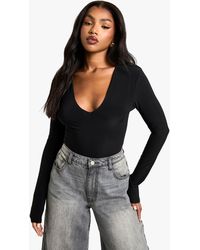 Boohoo - Double Layer Slinky Plunge Front Long Sleeve One Piece - Lyst