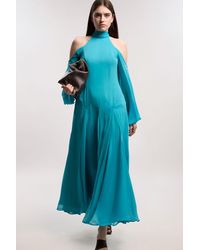 Karen Millen - Crinkle Georgette High Neck Cold Shoulder Woven Maxi Dress - Lyst