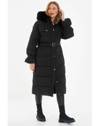 Quiz - Black Padded Long Line Jacket Fur - Lyst