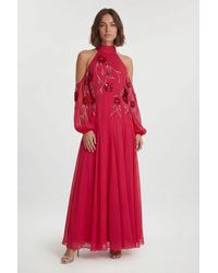 Karen Millen - Cold Shoulder 3D Floral Applique Woven Maxi Dress - Lyst