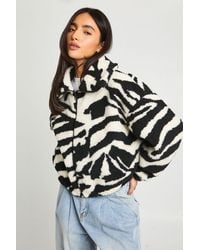 Boohoo - Zebra Funnel Neck Teddy Bomber Jacket - Lyst