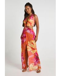 Boohoo - Floral Print Halter Cut Out Mesh Maxi Beach Dress - Lyst