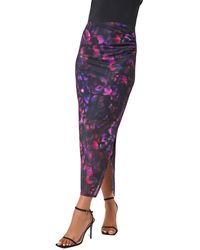 Roman - Printed Ruched Mesh Pencil Skirt - Lyst