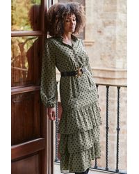 Sosandar - Khaki Spot Print Tiered Hem Midi Shirt Dress - Lyst