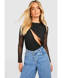 Boohoo - Ruched Mesh Cut Out Long Sleeve Bodysuit - Lyst