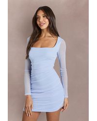 Boohoo - Square Neck Ruched Mesh Bodycon Dress - Lyst