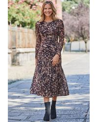 Sosandar - Petite Animal Print Mesh Ruched Waist Fit & Flare Dress - Lyst