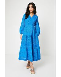Oasis - Petite Broderie Trim Detail Puff Sleeve Midi Dress - Lyst