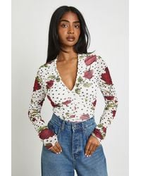 Boohoo - Rose Polka Dot Printed Mesh Ruched Neckline Longsleeve Bodysuit - Lyst
