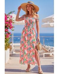 Roman - Floral Print Bardot Shirred Midi Dress - Lyst