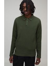 BoohooMAN - Regular Fit Button Neck Waffle Long Sleeve Knitted Polo - Lyst