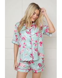 Oasis - Sage Floral Satin Printed Short Nightwear Set - Lyst