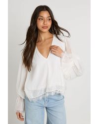 Boohoo - Lace Trim V Neck Balloon Sleeve Blouse - Lyst