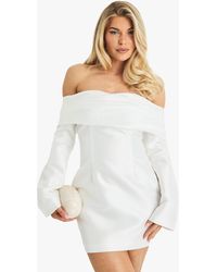 Boohoo - Satin Structured Bardot Mini Dress - Lyst