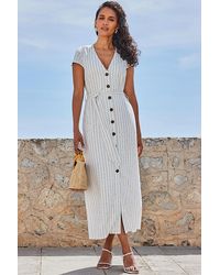 Sosandar - Ivory Linen Blend Pinstripe Belted Midi Dress - Lyst