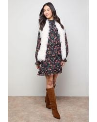 Oasis - Printed Chiffon Lace Detail Tiered Long Sleeve Mini Dress - Lyst