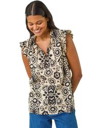Roman - Mono Printed Frill Sleeve Top - Lyst