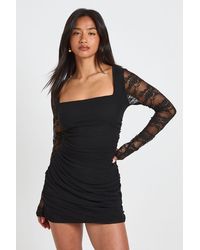 Boohoo - Petite Lace Sleeve Square Neck Bodycon Dress - Lyst